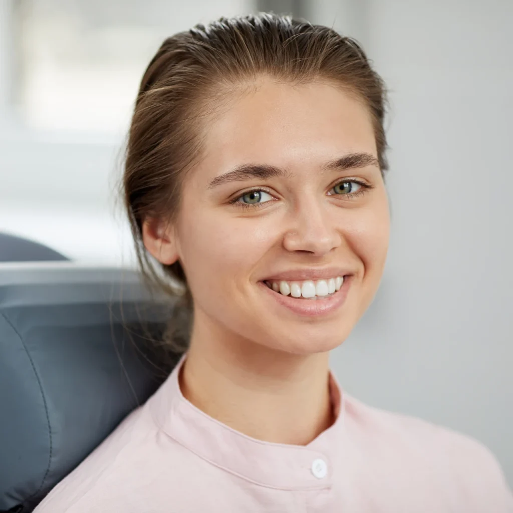 Smiling young woman in dental chair after KOR professional teeth whitening